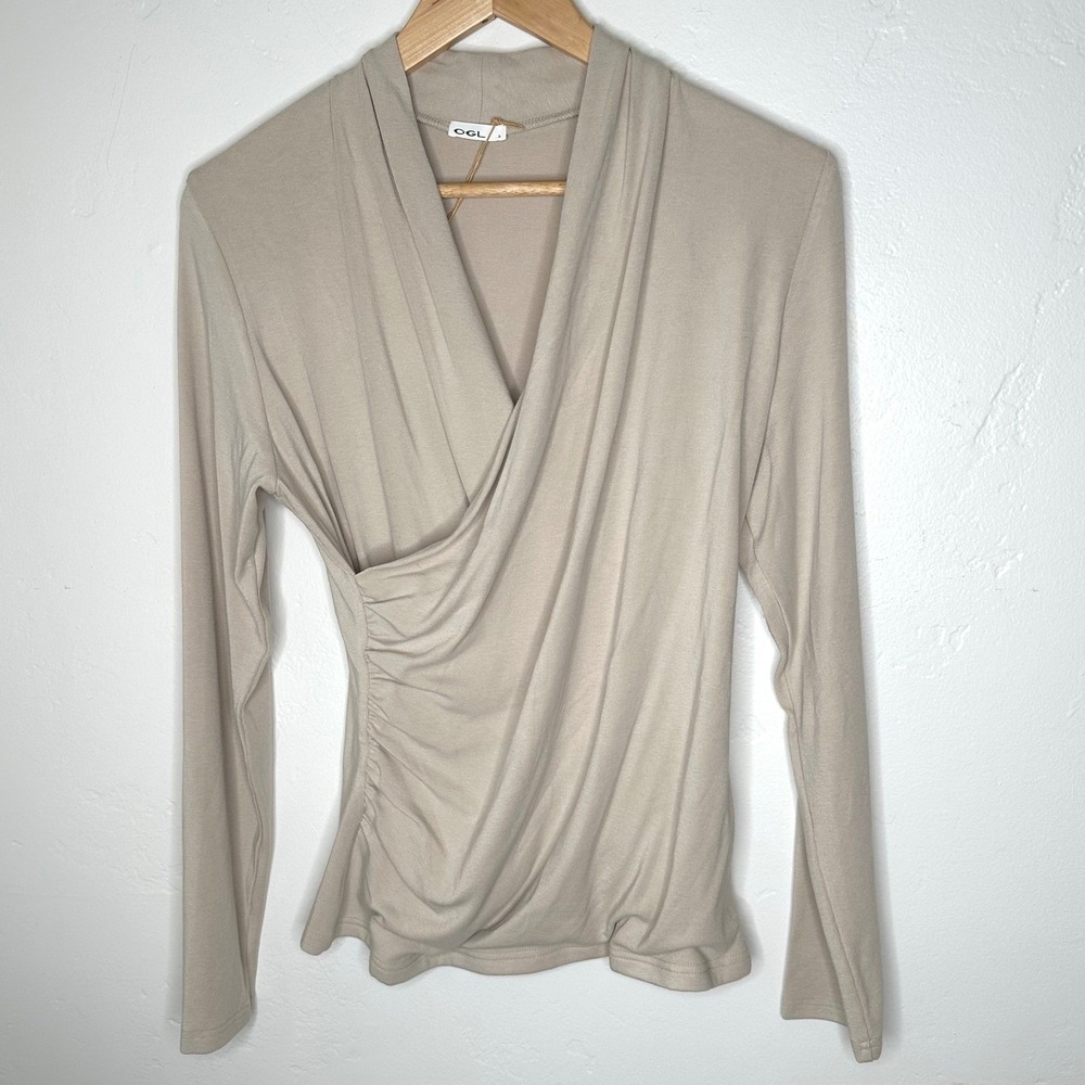 NEW OGL Eco-Mousse Thermal Wrap Top Beige Long Sleeve Ruched Size 2XL Minimalist - Picture 2 of 9